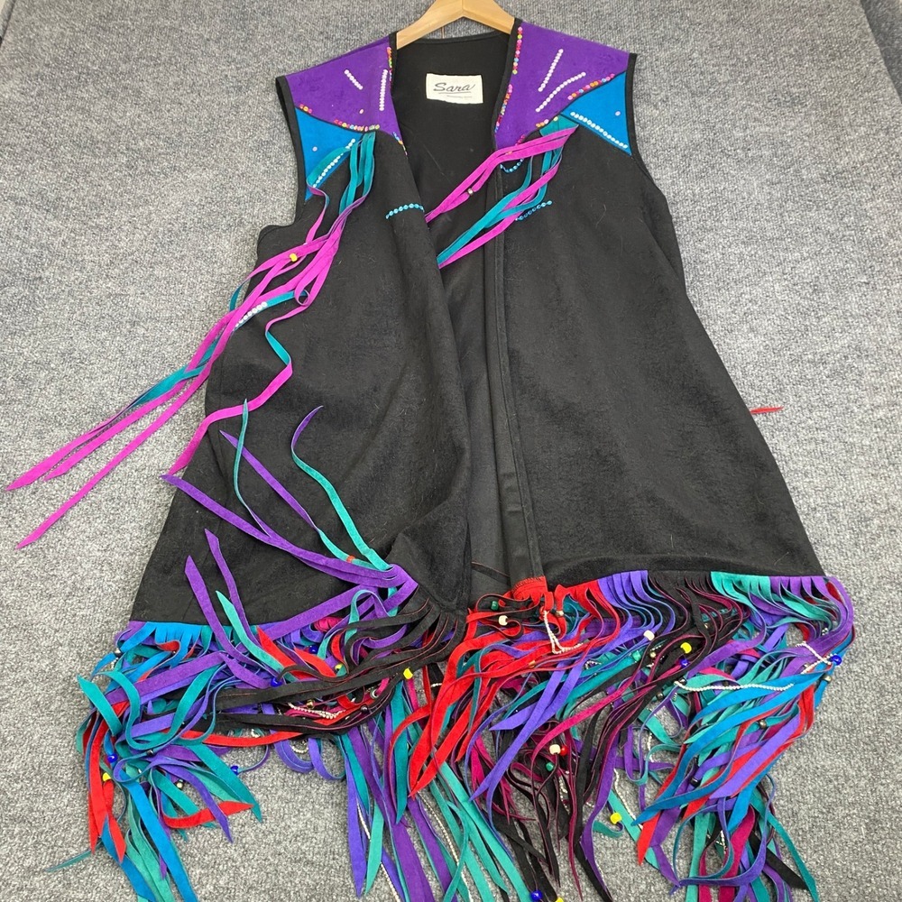 Sara Winnsboro Texas Vintage Southwestern Fringe Vest Black Multi Color Beaded